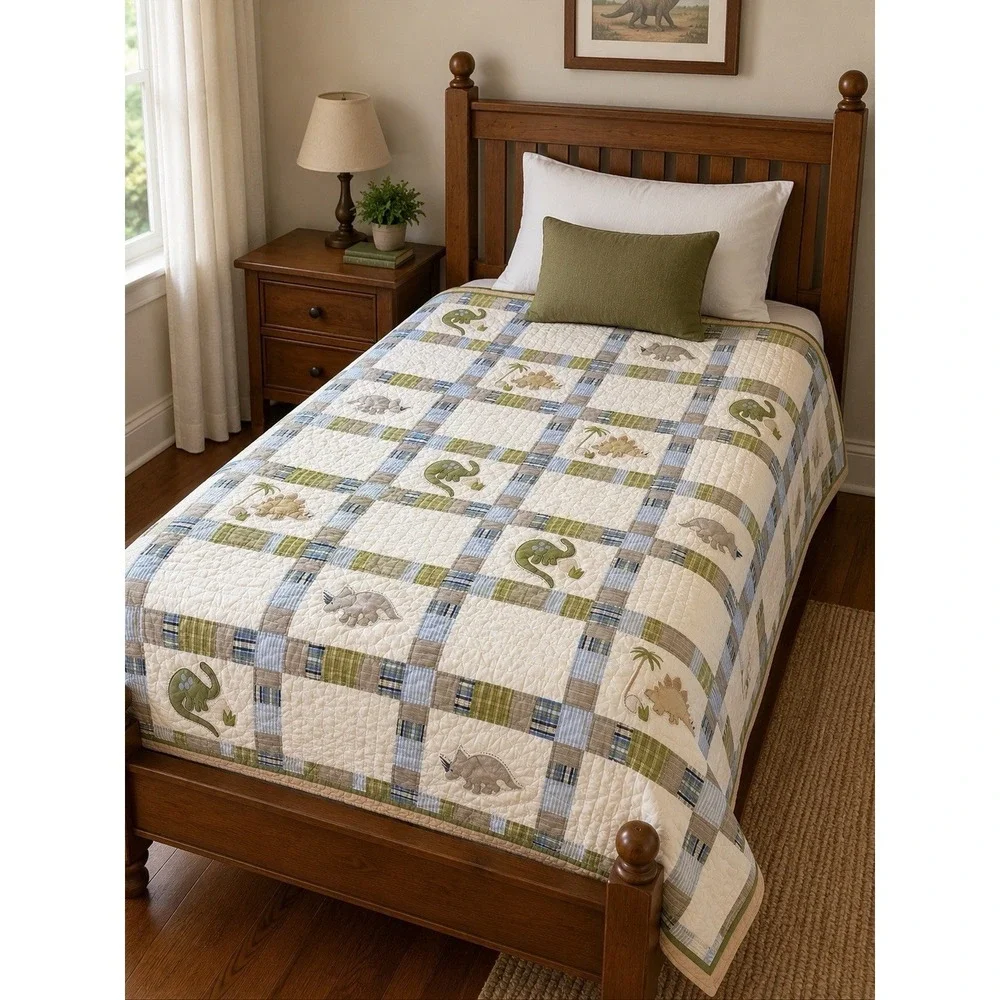 Pottery Barn Kids Jurassic Dinosaur Patchwork Twin Quilted Blanket 66x86 Bedding